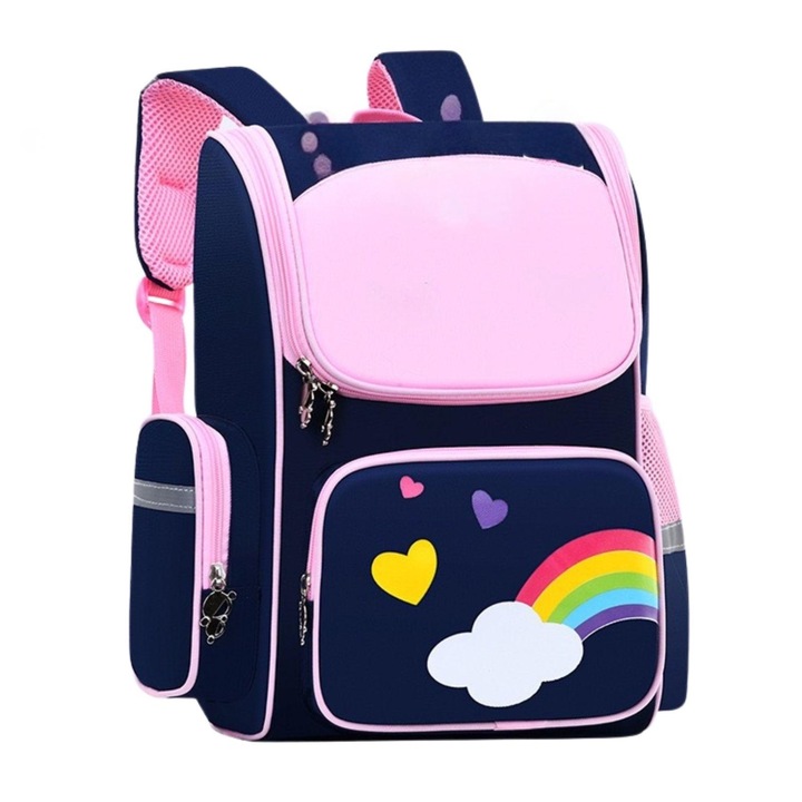 Ghiozdan Albastru pentru copii, Frumos, capacitate mare, impermeabil, ultra-usor, 41 x 27 x 14 cm, multiple buzunare, Albastru si roz