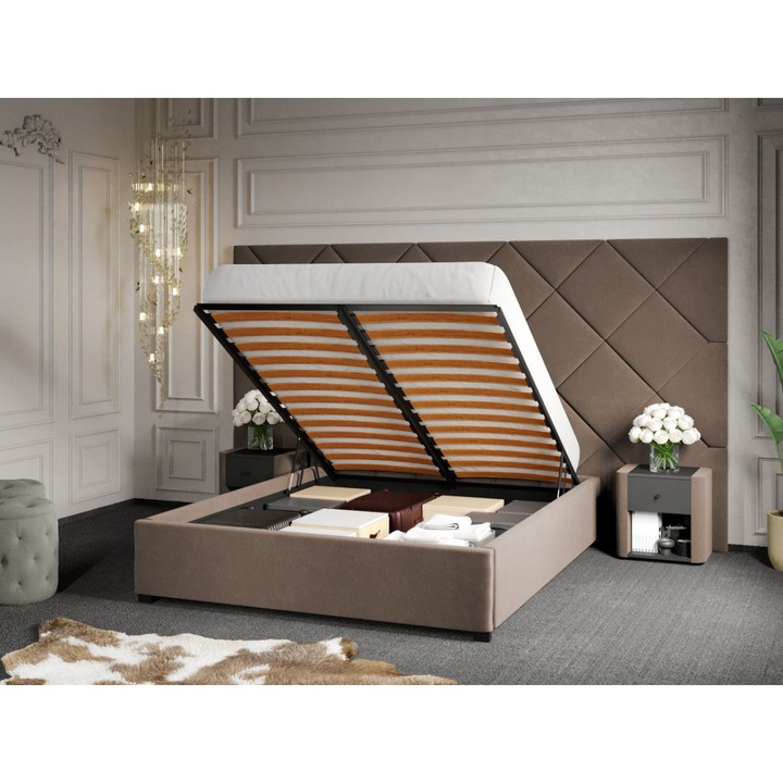 Pat Tapitat cu Panou, 305x171, C4, Dubai cu Somiera Rabatabila, 160x200, Cappuccino/Velluto 29