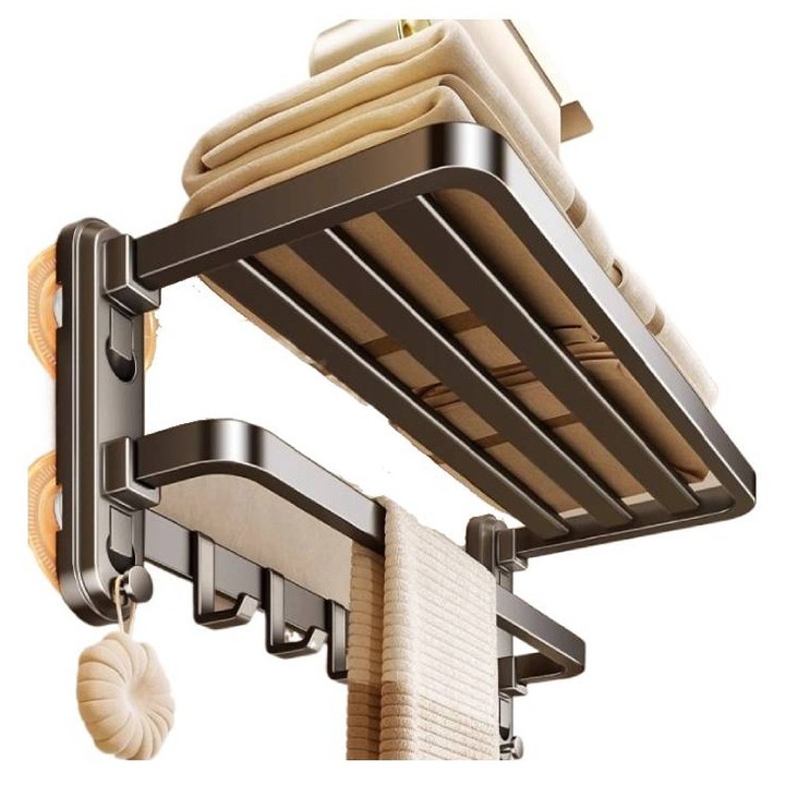 Suport de prosoape pentru baie/bucatarie, pliabil, carlige si bara pentru agatare, prindere cu ventuze cu suport de blocare,4 ventuze,60*22.5*20cm, gri