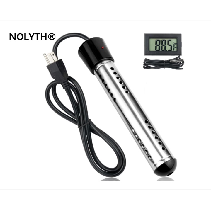 Incalzitor electric pentru piscina, Metal, cu termometru LCD, 2500 W, Negru/Argintiu