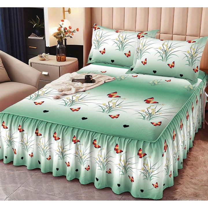 Set Lenjerie de Pat cu Volanase, 3 Piese, Bumbac Finet, Verde Deschis, 160x200cm, cu 2 Fete de Perna