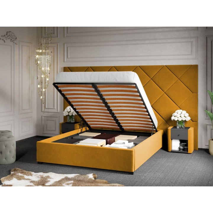 Pat Tapitat cu Panou, 305x171, C4, Dubai cu Somiera Rabatabila, 180x200, Galben/Velluto 8