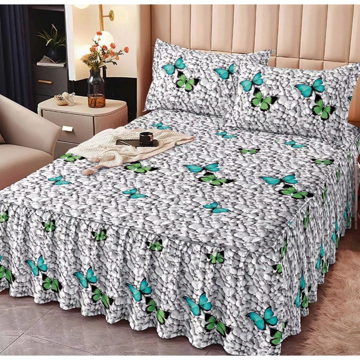 Set Lenjerie de Pat cu Volanase, Bumbac Finet, 160x200cm, Gri Deschis, 3 Piese, cu 2 Fete de Perna