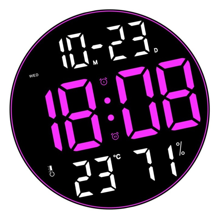 Digitális asztali és fali óra lila LED fénnyel, naptárral, hőmérséklettel, 2 ébresztővel, hőmérővel, szundi funkcióval, 5 intenzitási fokozattal, távirányítóval, páratartalom kijelzővel, 30cm, kiváló minőségű