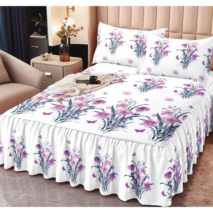 Lenjerie de Pat din Finet cu Volanase, Set 3 Piese, Cearceaf 160x200cm + Fete de Perna 48x75cm, Moale și Elegant