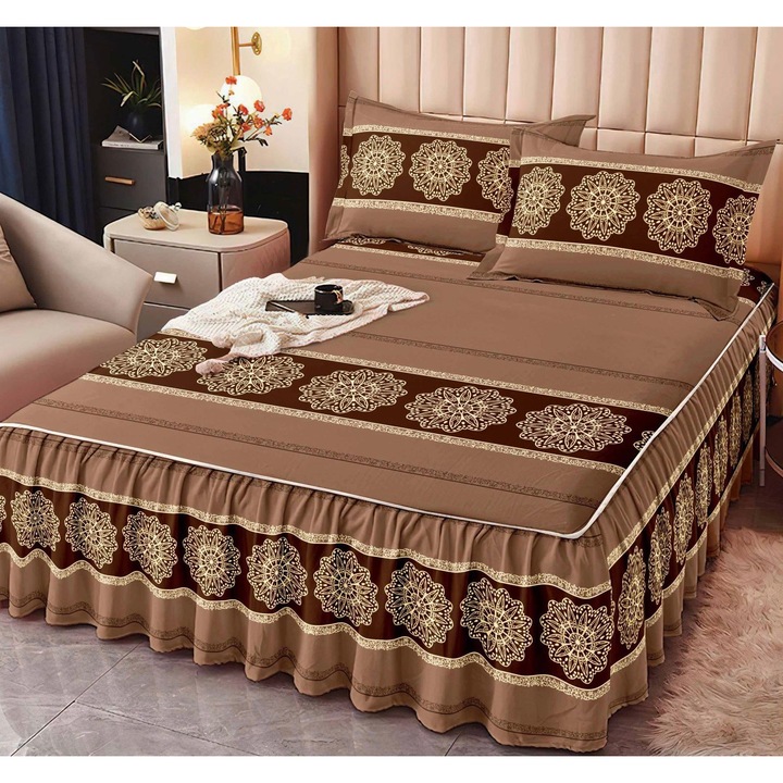 Set Lenjerie de Pat Skyhome, din Bumbac Finet cu Volanase, 3 Piese, Fete de Pernă Incluse, 160x200cm, Multicolor