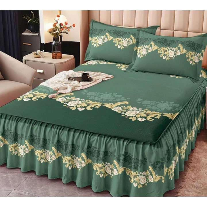 Set Lenjerie de Pat cu Volanase 3 Piese, Bumbac Finet, Verde Deschis, cearceaf 160x200cm, cu 2 Fete de Perna