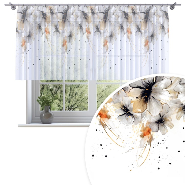 Perdele, Homeview, 300x120 cm, Pentru camera de zi si dormitor, Cu banda de incretire, Decorativ, Montaj usor, Poliester, Alb cu imprimeu, model 202