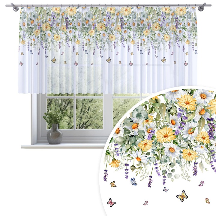 Perdele, Homeview, 300x120 cm, Pentru camera de zi si dormitor, Cu banda de incretire, Decorativ, Montaj usor, Poliester, Alb cu imprimeu, model 807