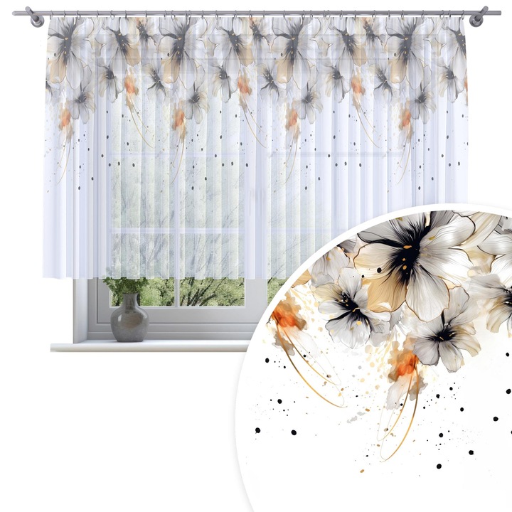 Perdele, Homeview, 300x130 cm, Pentru camera de zi si dormitor, Cu banda de incretire, Decorativ, Montaj usor, Poliester, Alb cu imprimeu, model 202