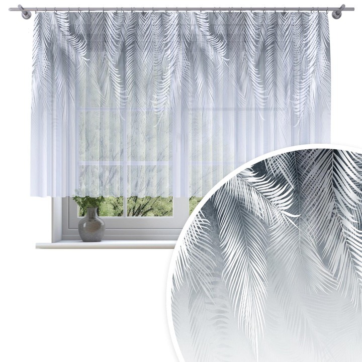 Perdele, Homeview, 300x130 cm, Pentru camera de zi si dormitor, Cu banda de incretire, Decorativ, Montaj usor, Poliester, Alb cu imprimeu, model 193