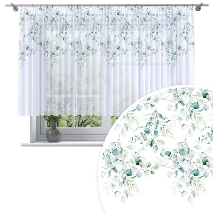 Perdele HomeView, model 073, alb cu imprimeu, 300x130 cm, cu banda de incretire