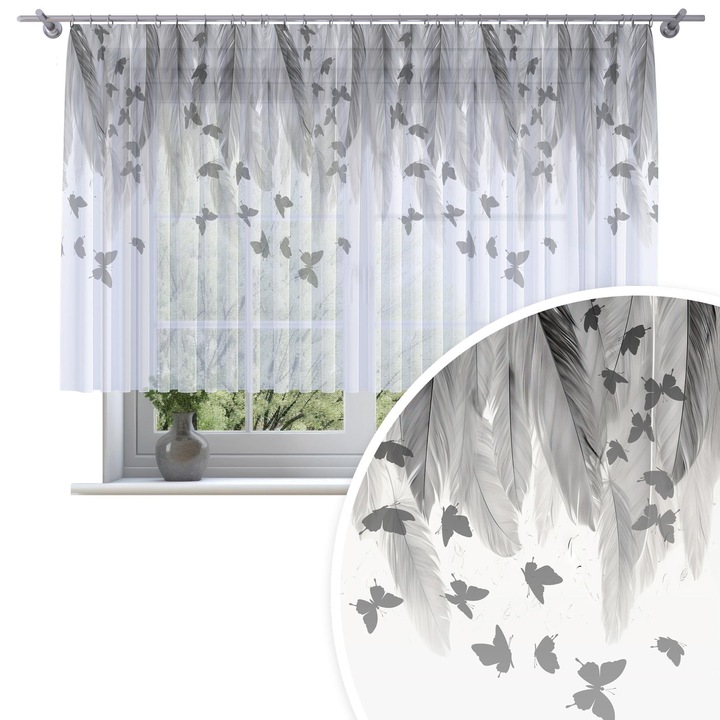 Perdele, Homeview, 300x130 cm, Pentru camera de zi si dormitor, Cu banda de incretire, Decorativ, Montaj usor, Poliester, Alb cu imprimeu, model 199