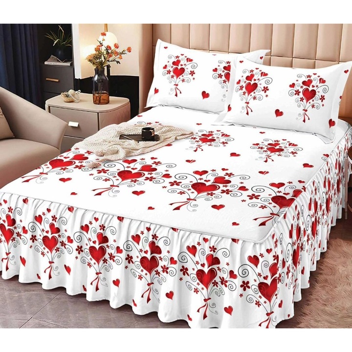 Set Lenjerie de Pat din Finet cu volanase, 3 piese, Alb, 160x200cm, 2 Fete de Perna 48x75cm