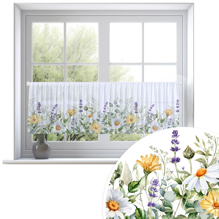 Perdele, Homeview, 150x50 cm, Pentru camera de zi si dormitor, Cu tunel, Decorativ, Montaj usor, Poliester, Alb cu imprimeu, model 807