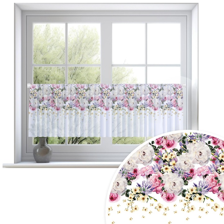 Perdele, Homeview, 150x50 cm, Pentru camera de zi si dormitor, Cu tunel, Decorativ, Montaj usor, Poliester, Alb cu imprimeu, model 010