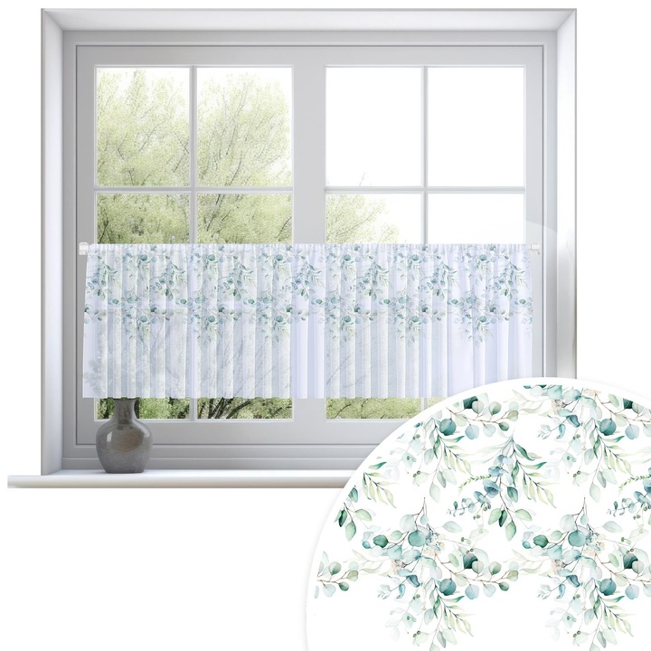 Perdele, Homeview, 150x50 cm, Pentru camera de zi si dormitor, Cu tunel, Decorativ, Montaj usor, Poliester, Alb cu imprimeu, model 073