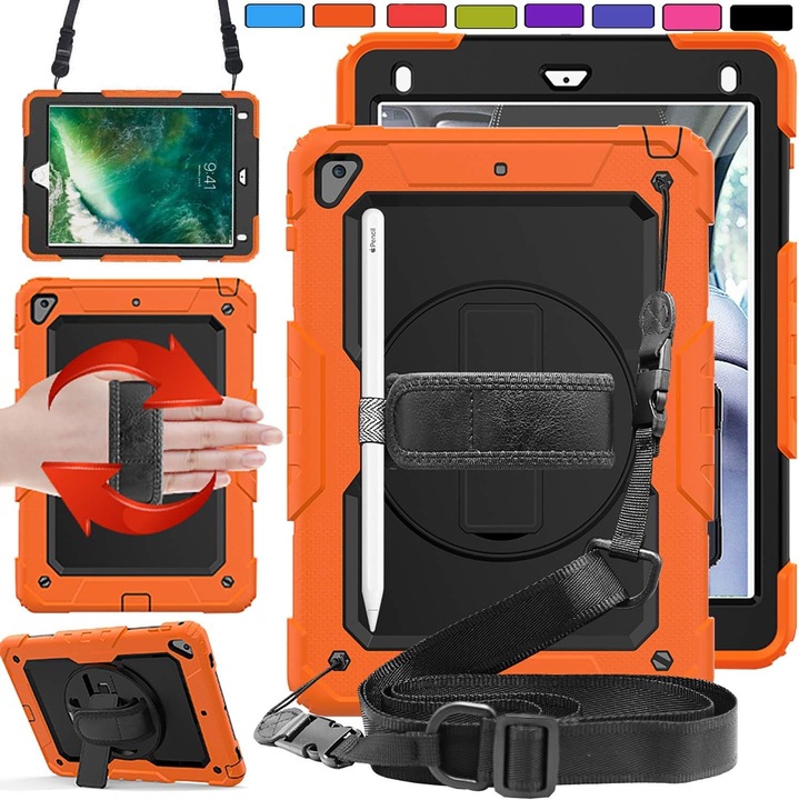 Pachet complet 360° Sigloo: Husa Shockproof Armor + Folie integrata pentru Samsung Galaxy Tab A7 (SM-T500/T505/T507), 10.4" cu stand rotativ, suport creion, curea umar, Portocaliu Neon