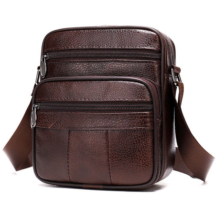 Borseta Barbati De Umar Din Piele Naturala, Tressino, Impermeabila, Rezistenta, De Umar, 4 Compartimente, 16x5x19 CM, Cafea Maro