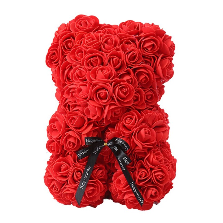 Ursulet din flori artificiale de trandafir, culoare rosie, 25 cm