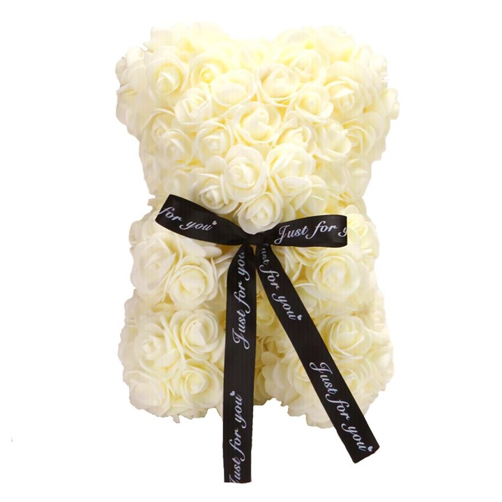 Ursulet din flori artificiale de trandafir, culoare alba, 25 cm