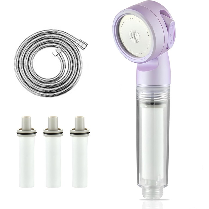 Dus portabil turbo cu filtru detasabil si reutilizabil, furtun antirupere de 1,5 m, 3 filtre PP, ingrijire hidratanta tip SPA, racord universal, 3 moduri de pulverizare, ideal pentru calatorii si uz casnic, culoare violet