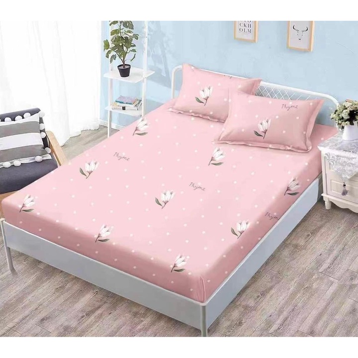 Set Lenjerie de Pat Premium, Cearceaf cu Elastic, 3 Piese, 180x200cm, 2 Fete de Perna 50x70cm