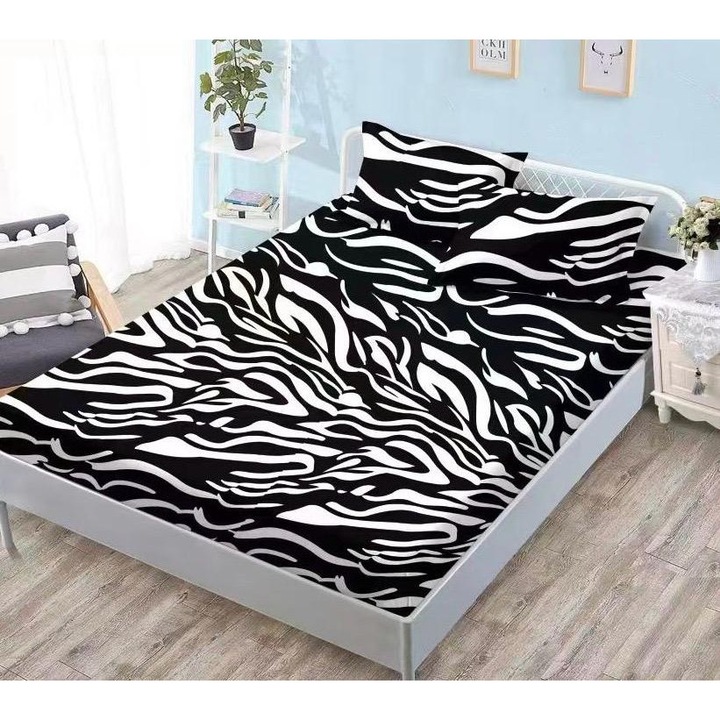 Set Lenjerie de Pat cu Elastic, din Bumbac Premium tip Finet, 180x200cm, 3 Piese, cu 2 Fete de Perna, Alb/Negru