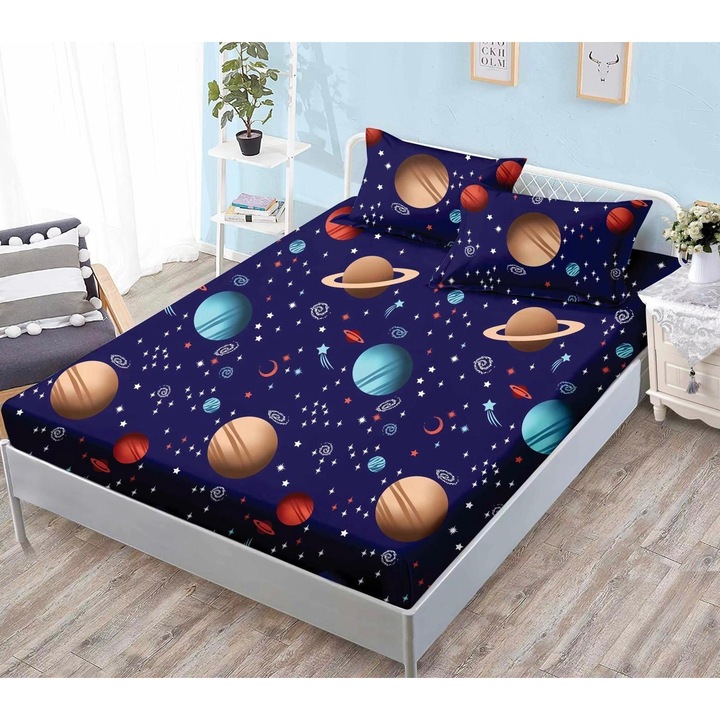 Set Husa de Pat cu Elastic, Material Bumbac tip Finet, 180x200cm, cu 2 Fete de Perna Incluse 50X70, Culoare Albastru