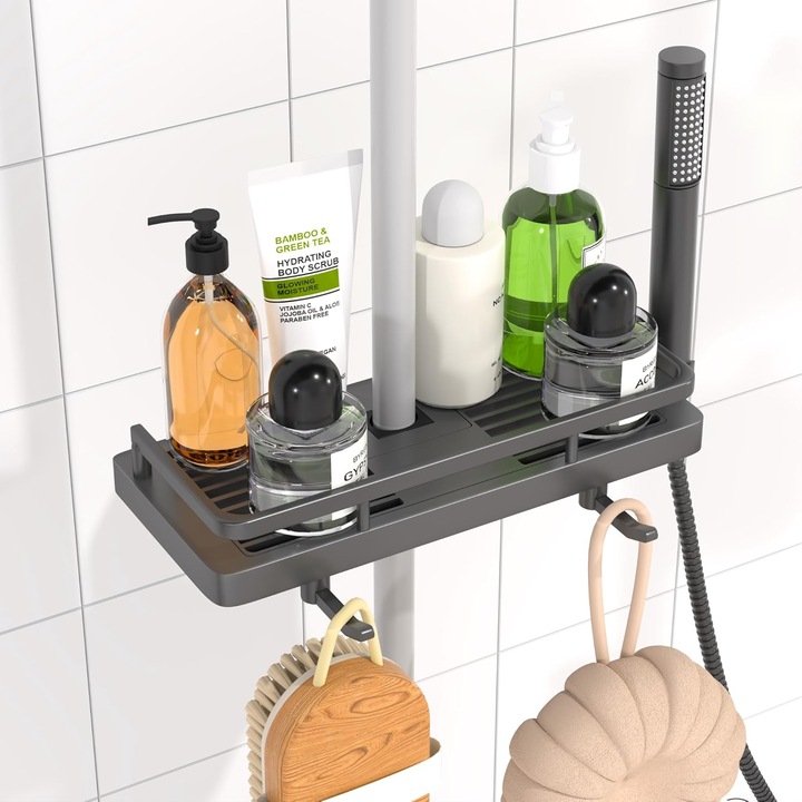 Polca prysznicowa KeZaara, montaj fara gaurire, 2 carlige, gri inchis, 18x25 mm