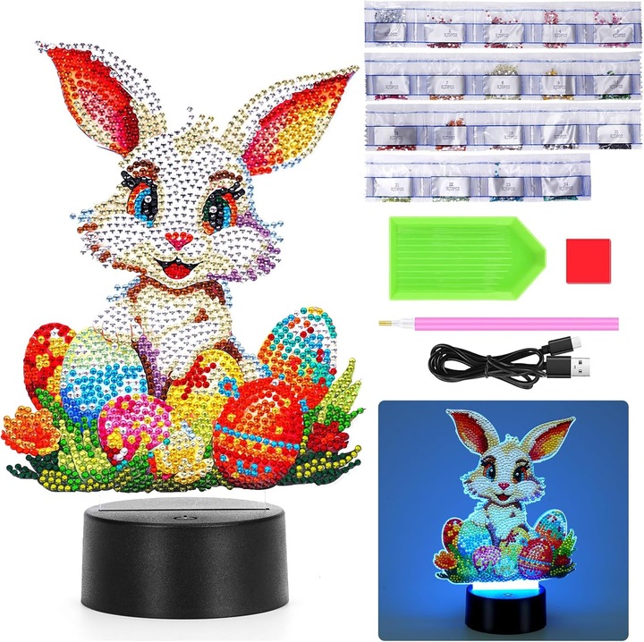 Starnearby DIY gyémántfestmény LED éjszakai fénnyel, húsvéti nyuszi modell, 5 szín, USB vagy elemes tápellátás, kompakt méretek