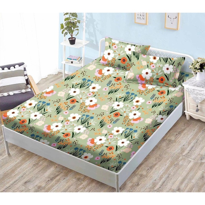 Set Lenjerie de Pat Premium cu Cearceaf cu Elastic, 3 Piese, 180x200cm, cu 2 Fete de Perna