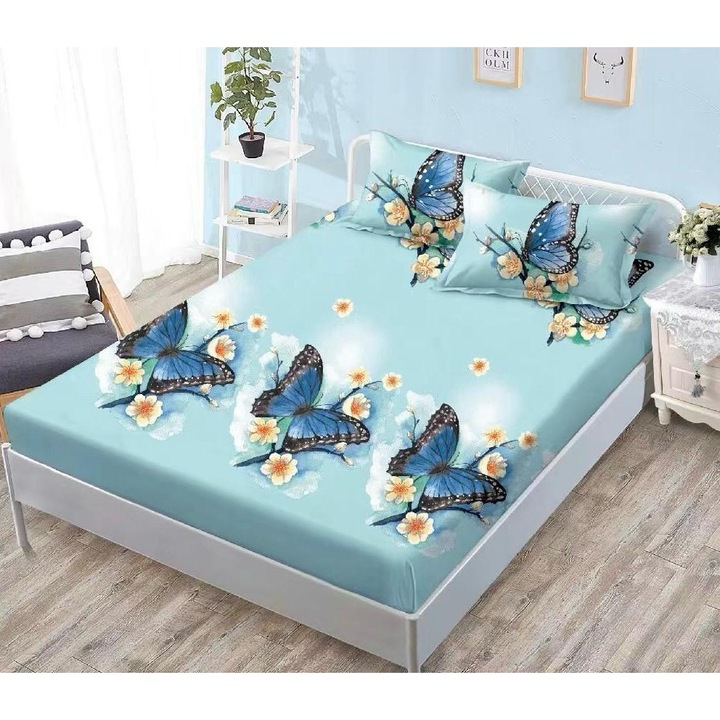 Set Husa de Pat cu Elastic, Material Bumbac tip Finet, 180x200cm, cu 2 Fete de Perna Incluse 50X70, Culoare Albastru Deschis