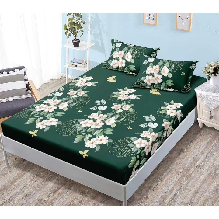 Set Husa de Pat cu Elastic, Material Bumbac tip Finet, 180x200cm, cu 2 Fete de Perna Incluse 50X70, Culoare Verde Inchis