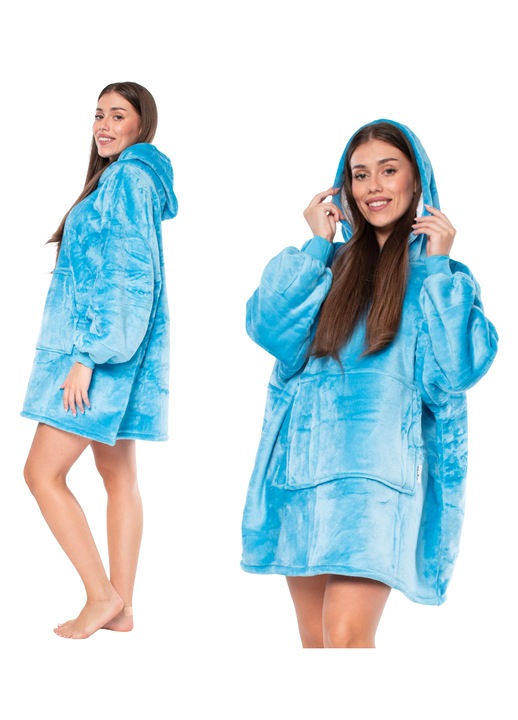 Hanorac 2 in 1 supradimensionat, albastru, flanel si sherpa, cu gluga si buzunar tip cangur, 2XL INTL