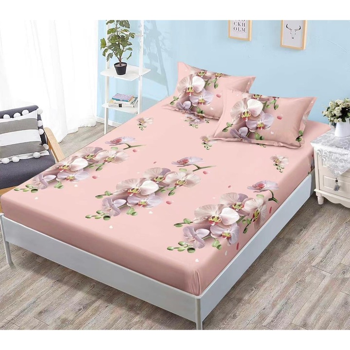 Set Lenjerie de Pat cu Elastic, Bumbac Premium Finet, 180x200cm, 2 Fete de Perna, Roz Pudra