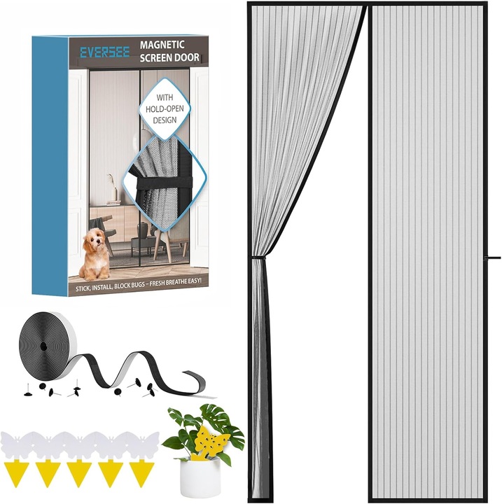 Moskitiera magnetica pentru usi, 90x200cm, protectie impotriva insectelor, neagra, montaj fara gaurire