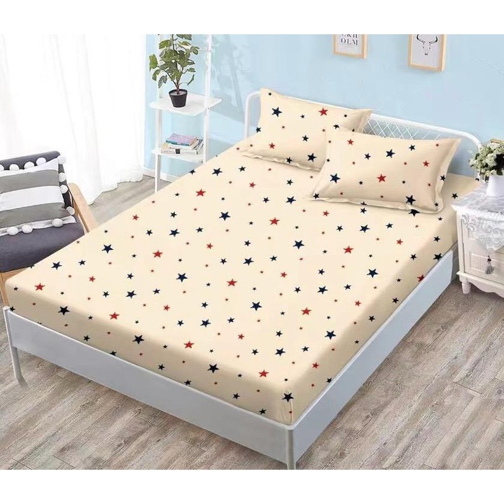 Set Lenjerie de Pat Premium cu Cearceaf cu Elastic, 3 Piese, 180x200cm, cu 2 Fete de Perna