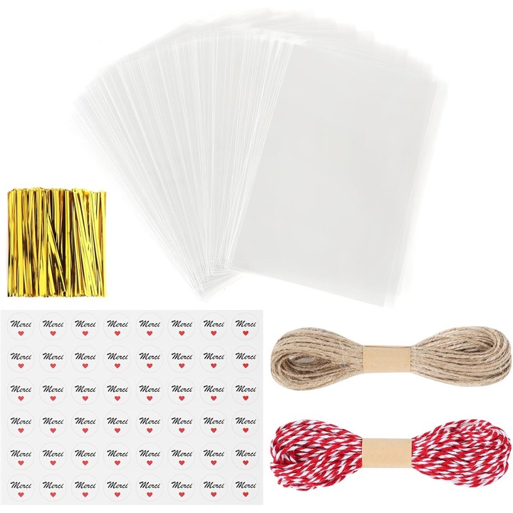 Set 200 pungi transparente cu snur si etichete "Multumesc", 14x20cm