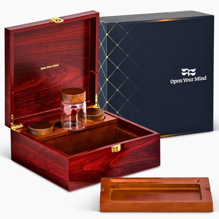 Cutie de depozitare din lemn cu 3 recipiente din sticla, Open Your Mind, 23,7x24,5x10,5cm, natural