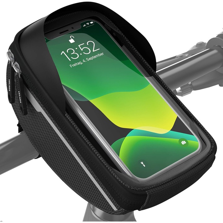 Torba pe ghidon pentru bicicleta, VELMIA, waterproof, neagra, 19x11x10.5cm, 0.65L