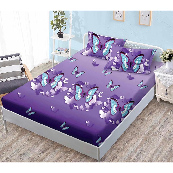 Set Lenjerie de Pat cu Elastic, Bumbac Premium Finet, multicolor, 180x200cm, cu 2 Fete de Perna 50x70 cm