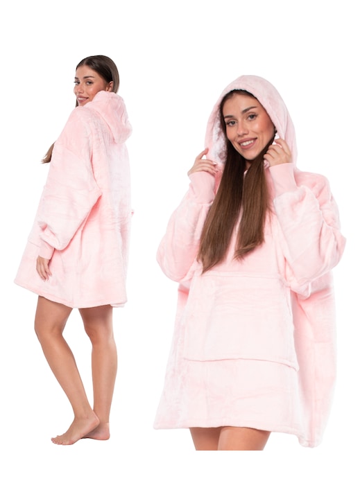 Hanorac 2 in 1 supradimensionat, roz, flanel si sherpa, cu gluga si buzunar tip cangur, 2XL INTL