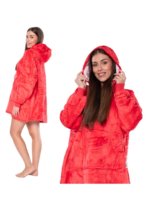 Hanorac 2 in 1, rosu, flanel si sherpa, cu gluga si buzunar tip cangur, 2XL INTL