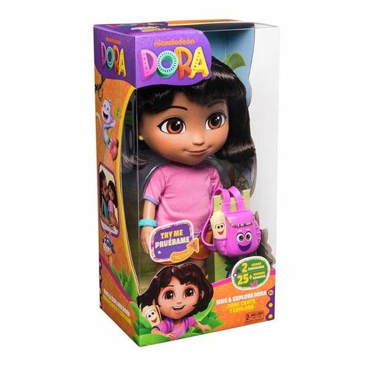 Papusa Dora The Explorer 30 cm, include accesorii, functioneaza pe baterii, 2 baterii AAA