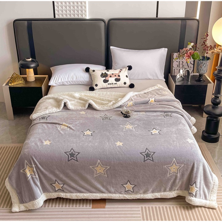 Patura CHIRASO, Cocolino cu Blanita pe interior, 200 x 230 cm, Moale, Calduroasa si Pufoasa, gri deschis-bej