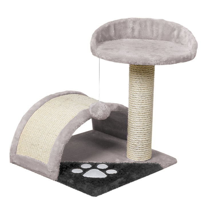 Teno® Комплект за игра за котки, 1 ниво, място за сядане, въже и топка за игра, драскалки, изключително мека облицовка, стабилна конструкция, 42 см, светлосиво