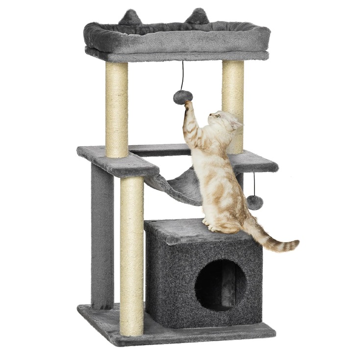 Комплект за игра за котки Teno®, тип кула, 1 платформа за наблюдение, 3 нива, 1 къщичка, въже и топки за игра, стойки за драскане, изключително мека подложка, стабилна конструкция, 100 см, тъмно сив