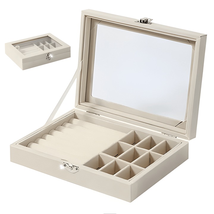 Кутия за бижута Teno®, за организиране и съхранение, 1 кутия, кадифена подплата, прозрачен прозорец, отделения за пръстени, гривни, висулки, 20 x 15 x 5 cm, бежова