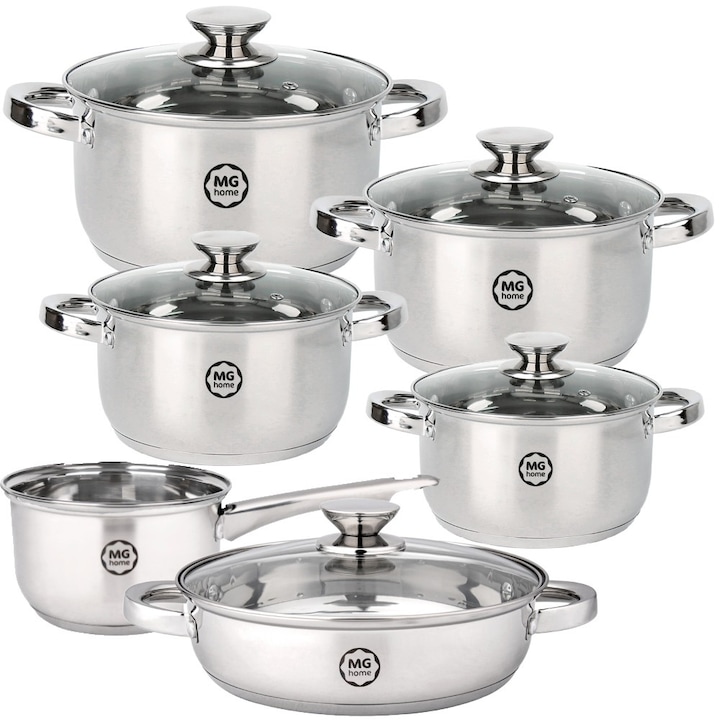 Set oale din inox MG Home Verso Daily, 11 piese, 16x18x20x22x24cm, capace din sticla, manere rezistente la caldura
